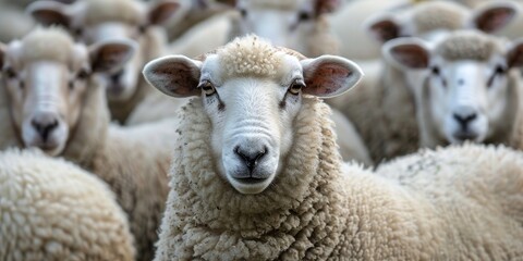 Wall Mural - A group of sheep look towards the camera.