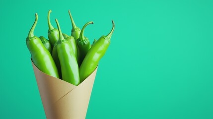 Green chili pepper on brown paper wrapping cone package grocery traditional market