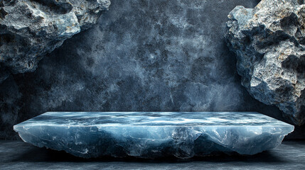 clear, minimalist crystal ice podium stands on a glacial surface, surrounded by frost. The scene conveys purity, elegance, and cold beauty, making it ideal for luxury product display and branding conc