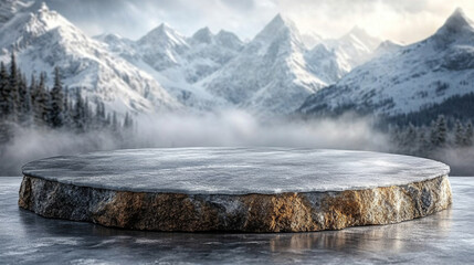 clear, minimalist crystal ice podium stands on a glacial surface, surrounded by frost. The scene conveys purity, elegance, and cold beauty, making it ideal for luxury product display and branding conc