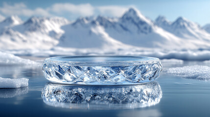 clear, minimalist crystal ice podium stands on a glacial surface, surrounded by frost. The scene conveys purity, elegance, and cold beauty, making it ideal for luxury product display and branding conc