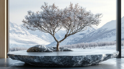 clear, minimalist crystal ice podium stands on a glacial surface, surrounded by frost. The scene conveys purity, elegance, and cold beauty, making it ideal for luxury product display and branding conc