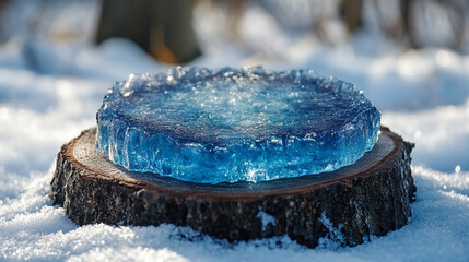 clear, minimalist crystal ice podium stands on a glacial surface, surrounded by frost. The scene conveys purity, elegance, and cold beauty, making it ideal for luxury product display and branding conc