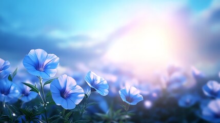 Poster - Blue Flowers Field with Blurred Background and Sun