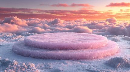 clear, minimalist crystal ice podium stands on a glacial surface, surrounded by frost. The scene conveys purity, elegance, and cold beauty, making it ideal for luxury product display and branding conc