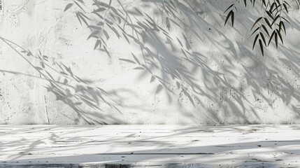 Sticker - White wooden table with bamboo tree shadow on concrete wall background, perfect for showcasing products.