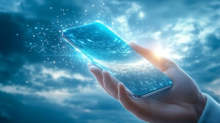 Hand Holding Smartphone with Blue Sky and Glowing Particles