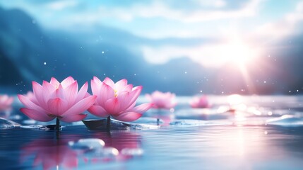 Poster - Pink Lotus Flowers Blooming on a Calm Water Surface with a Sunlit Sky