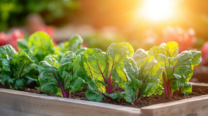 Wall Mural - vegetable garden flourishing in a raised wooden bed. Lush green plants and vines cover the area, showcasing fresh produce, symbolizing growth, abundance, and the rewards of nurturing nature