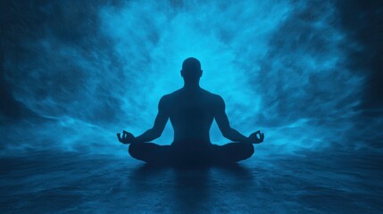 Wall Mural - A man sits in a meditative pose, enveloped in soft blue light, finding tranquility and deep focus in a peaceful setting