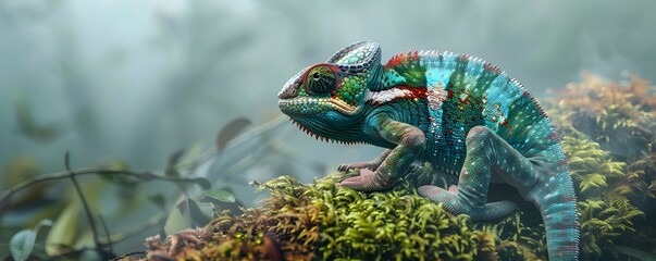 Wall Mural - A Vibrant Chameleon Perched on Mossy Branch in a Misty Forest