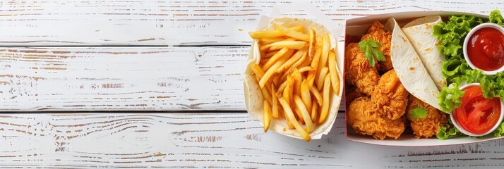 Canvas Print - Lunch box arrangement with fried chicken strips, French fries, tortilla wraps, and vegetables on a white wooden table viewed from above.