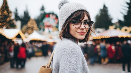 Sticker - A woman smiles delightfully while experiencing the joy of a bustling Christmas market filled with decorations and happy visitors