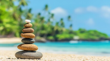 Wall Mural - A serene arrangement of balanced stones rests on a sandy beach, with palm trees and gentle ocean waves in the background under bright sunlight