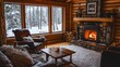 © jumaidilfadil - Cozy snow-covered cabin living room with a warm fireplace and inviting winter views. Rustic retreat concept