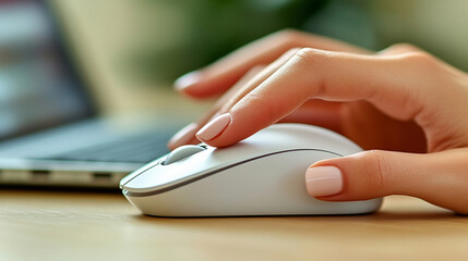 woman's hand using a sleek, white wireless mouse on a modern desk. The elegant design and smooth surface reflect productivity, minimalism, and technological ease in a professional setting