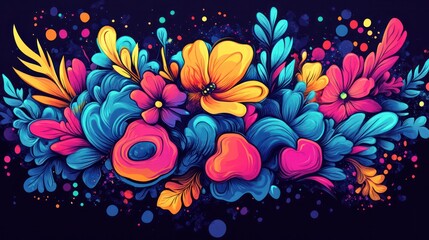 Poster - A colorful flower bouquet with a blue background. The flowers are in various colors and sizes, and the background is a dark blue. Scene is bright and cheerful, with the flowers representing happiness