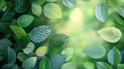 Poster - A leafy green background with leaves scattered around. The leaves are green and appear to be fresh and vibrant. Scene is peaceful and calming, as the leaves seem to be floating in the air