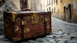 © Nattawaw bbt - travel trunk, with brass locks and leather straps, sitting on a cobblestone street in a historical city