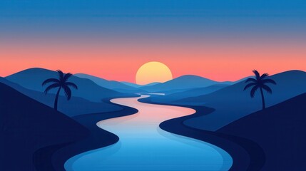 Sticker - Stunning Sunset Over Serene River with Silhouetted Palm Trees and Rolling Hills in Vibrant Colors