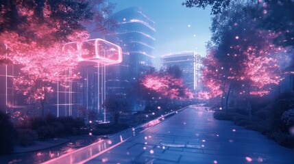 Wall Mural - a city street with pink lights and trees. scene is dreamy and surreal