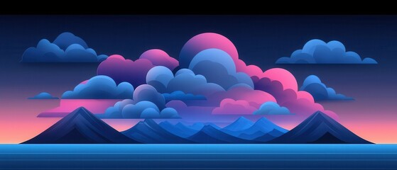 Sticker - Stunning Digital Illustration of Weather Conditions Over Mountain Range at Sunset