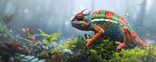 Wall Mural - A Colorful Chameleon Perched on Mossy Ground