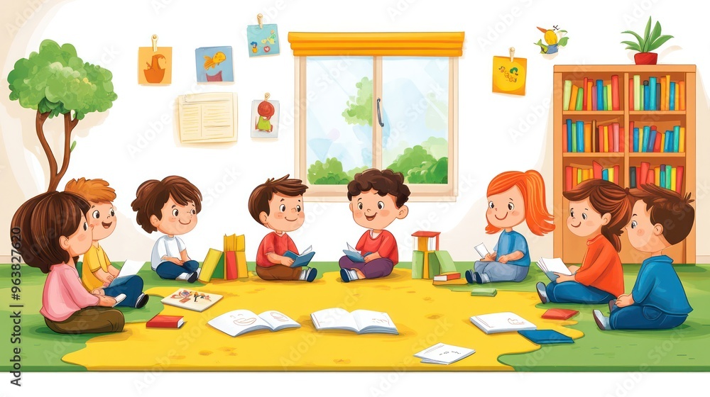 A group of children are sitting on the floor in a room with a teacher ...