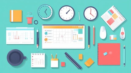 Smart project management tools for remote teams, flat design, top view, tech productivity theme, animation, Split-complementary color scheme