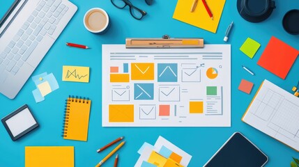 Smart project management tools for remote teams, flat design, top view, tech productivity theme, animation, Split-complementary color scheme