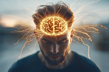 Neuroplasticity artificial synapse and neural interfaces human brain emitting radiant energy waves showing peak cognitive activity under the influence of light