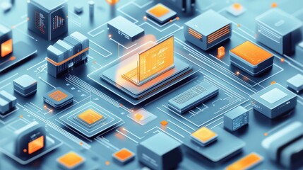 Leinwandbilder - A computer chip is shown in a blue and orange color scheme. The chip is surrounded by other computer chips and wires, creating a complex and intricate design. Concept of technology and innovation