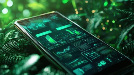 Futuristic digital device displaying data analytics and visualizations