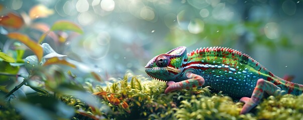 Wall Mural - Colorful Chameleon Camouflaged in Green Foliage