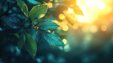 Poster - A leafy green branch with a sun shining on it. The sun is casting a warm glow on the leaves, making them look fresh and vibrant