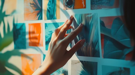 Canvas Print - Hand Arranging Tropical Photos with Orange and Teal Colors