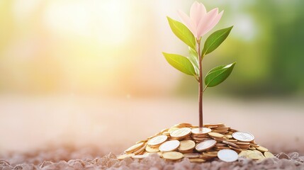 Canvas Print - Flower Growing from a Pile of Coins.