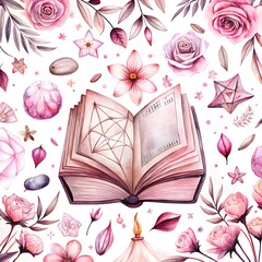 Mystical Pink Spellbook Radiating Magic Amidst Enchanted Floral Realm