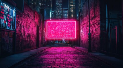 Fototapete - A neon sign is lit up in a dark alleyway. The sign is pink and is illuminated. The alleyway is empty and quiet