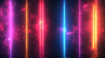 Fototapete - A series of neon colored lights are shown in a dark background. The lights are arranged in a row, with the first light being red and the last light being yellow. Scene is energetic and vibrant