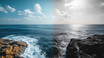 Wall Mural - two different views of the ocean, one with a cloudy sky and the other with a clear sky