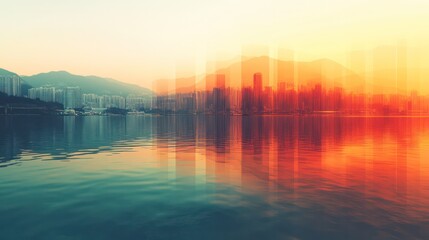 Wall Mural - a city skyline is reflected in the water. the sky is orange and the water is blue. the city is in th