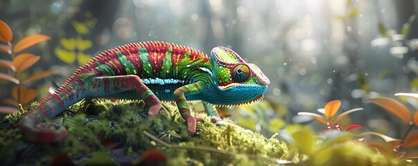 Wall Mural - A Vivid Chameleon Perched on a Branch in a Lush Jungle Setting