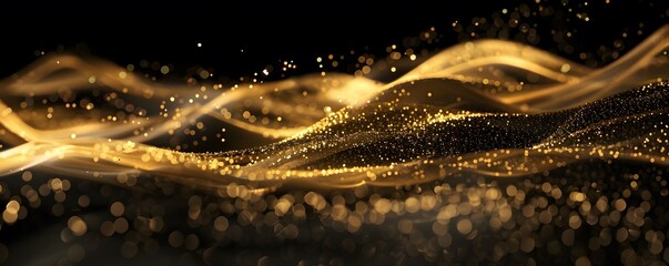 Wall Mural - Abstract Golden Glitter and Light Waves on Black Background