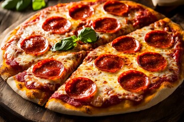 A perfectly baked pizza topped with generous slices of pepperoni and melted cheese. The pizza crust is golden and crispy, with the cheese bubbling and slightly browned. 