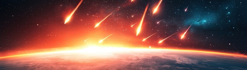 Poster - Meteors Streaking Across the Night Sky Over Earth.