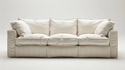 Wall Mural - A white, plush sofa with three large cushions sits in a plain white studio.