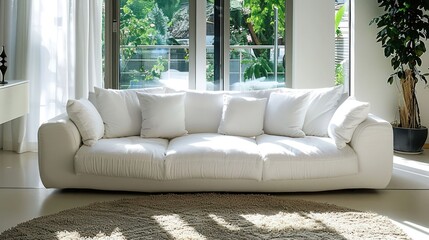 Wall Mural - White sofa with pillows in a modern living room with large windows, sunlight, and a fluffy rug.