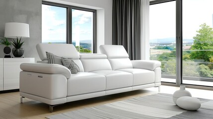 Wall Mural - Modern living room with white leather sofa and city view.