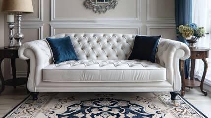 Wall Mural - A classic white tufted sofa with blue pillows and a patterned rug in a luxurious living room.